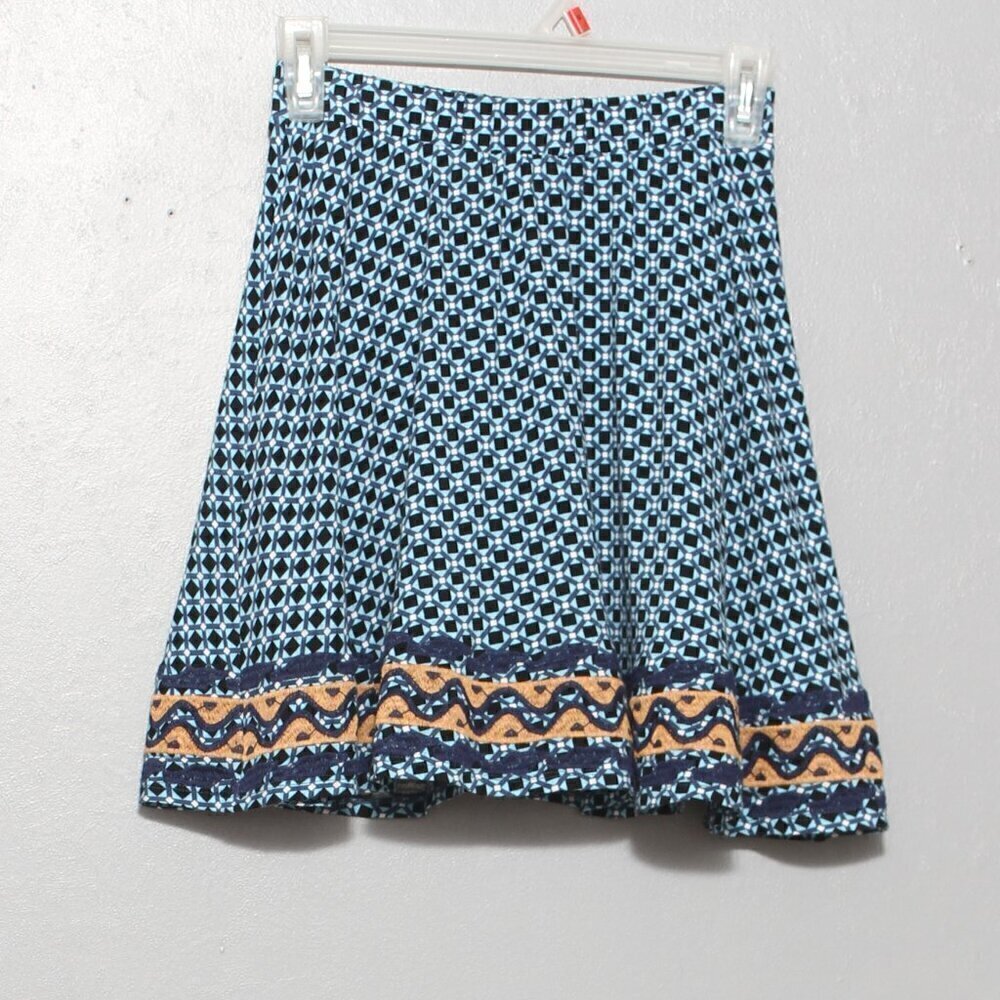 THML blue pattern embroidered boho flirty flare skirt